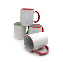 Zibo factory white sublimation blank coffee cups with glazed color handle and rim for DIY printing